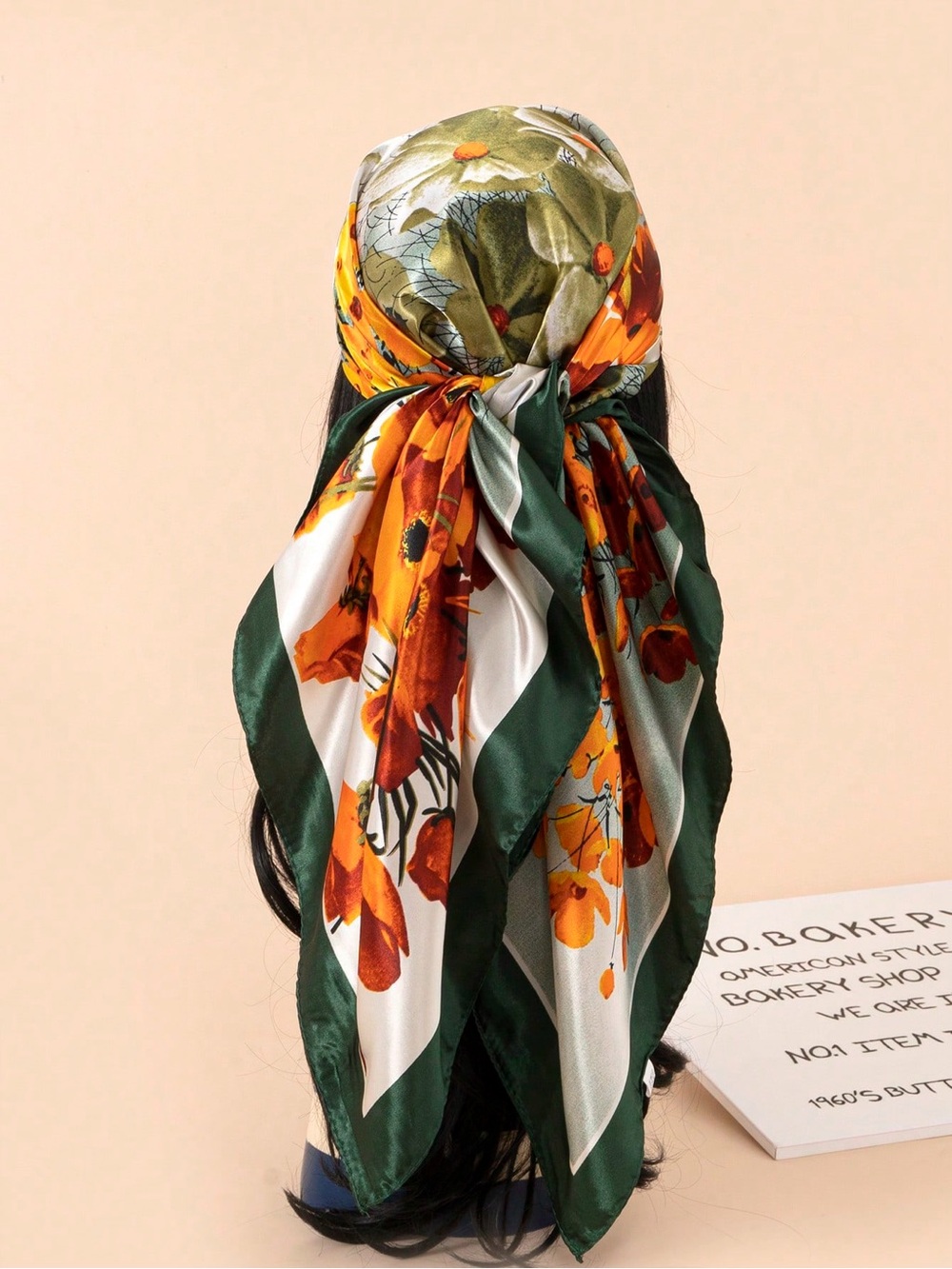 Floral Satin Headscarf in Green & Orange